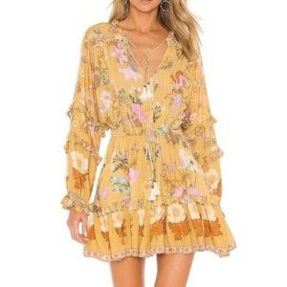 Womens Spell & The Gypsy Mustard Pink Wild Bloom Floral Mini Play Dress XS - Picture 1 of 15